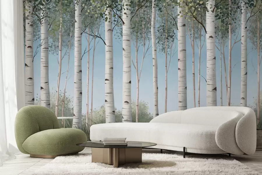 wall murals Birch grove with white trunks against a blue sky, watercolor style w10047