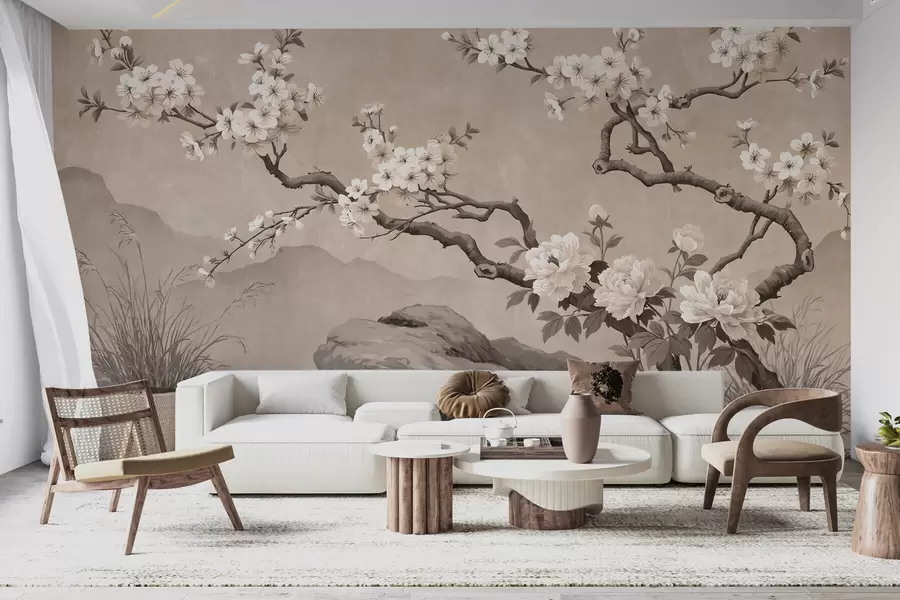 wall murals Blooming cherry blossom branch over rocks in light beige tones, oriental painting style w10052