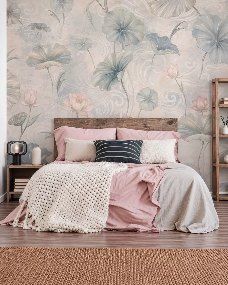 wall murals Large leaves and pink flowers on a pale background w05808