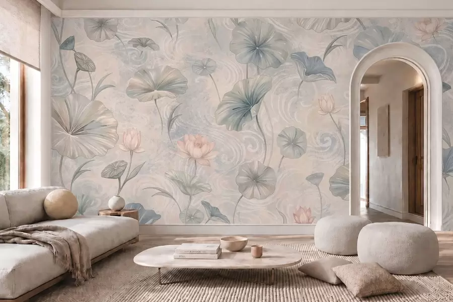 wall murals Large leaves and pink flowers on a pale background w05808