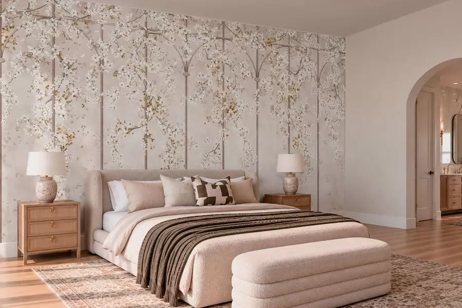 wall murals Blooming white branches on a decorative trellis w05923