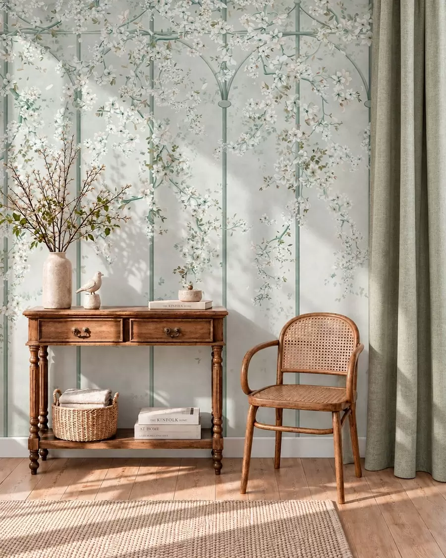 wall murals White flowering branches on a green decorative trellis w05923v2