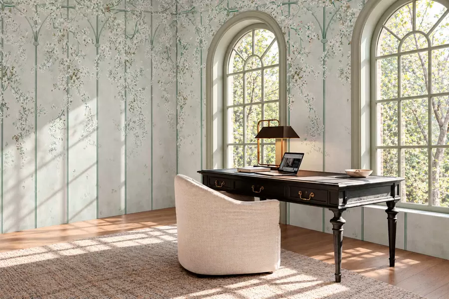 wall murals White flowering branches on a green decorative trellis w05923v2
