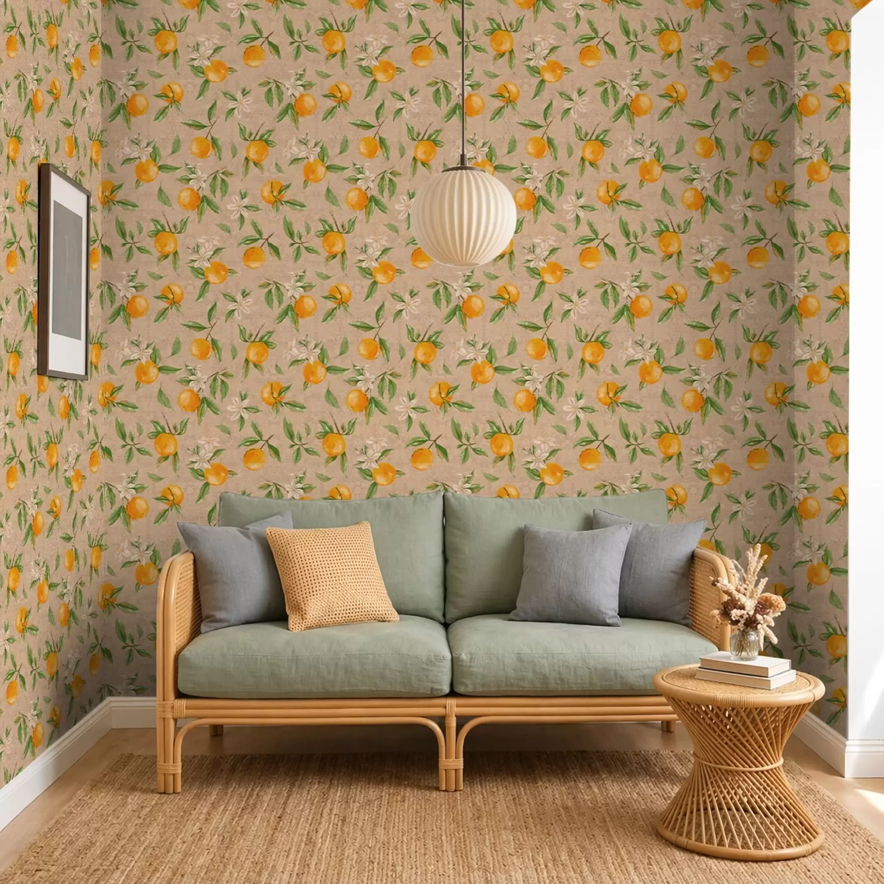 wall murals Oranges, green leaves and white flowers a01264