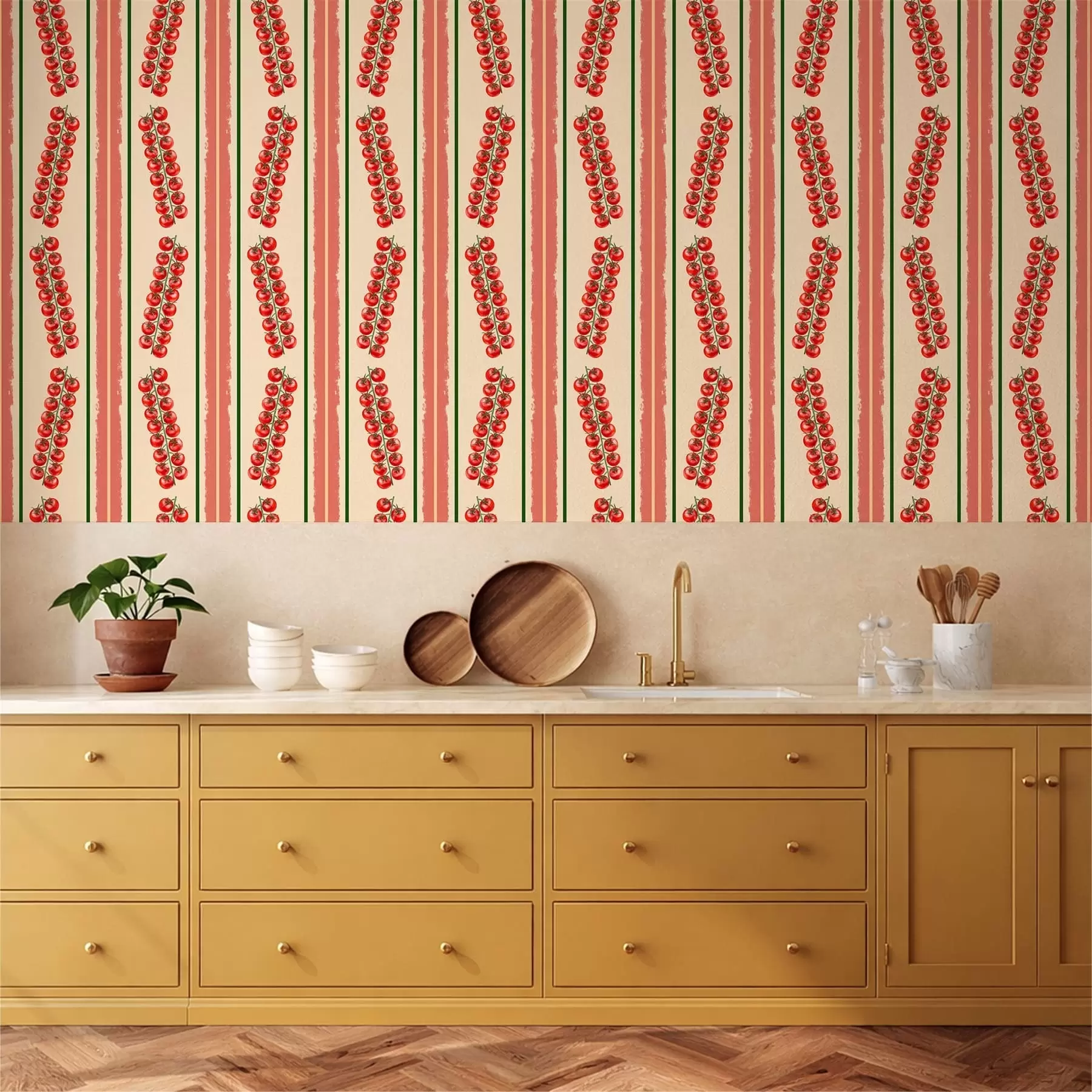 wall murals Red tomato clusters among vertical stripes a01266