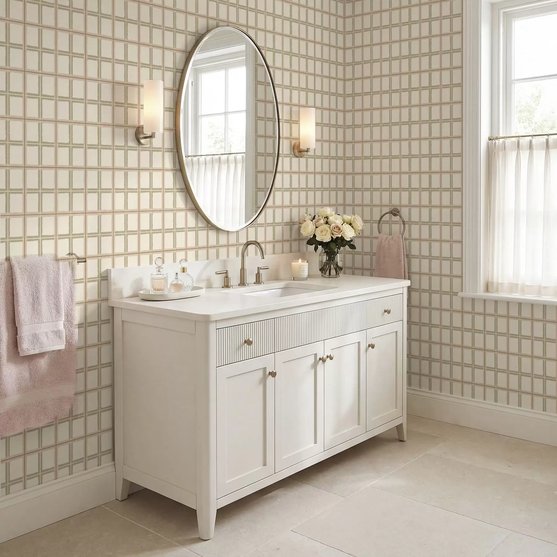 wall murals Light check pattern with beige and muted green lines a01267