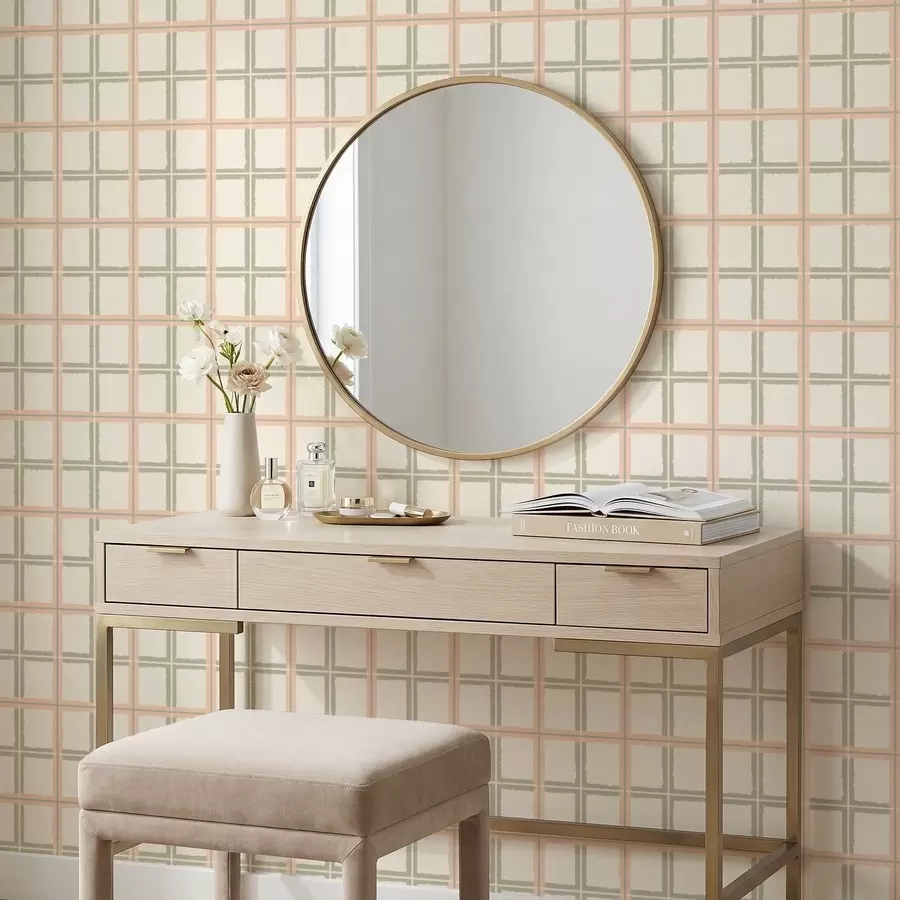 wall murals Light check pattern with peach and muted green lines a01267v2