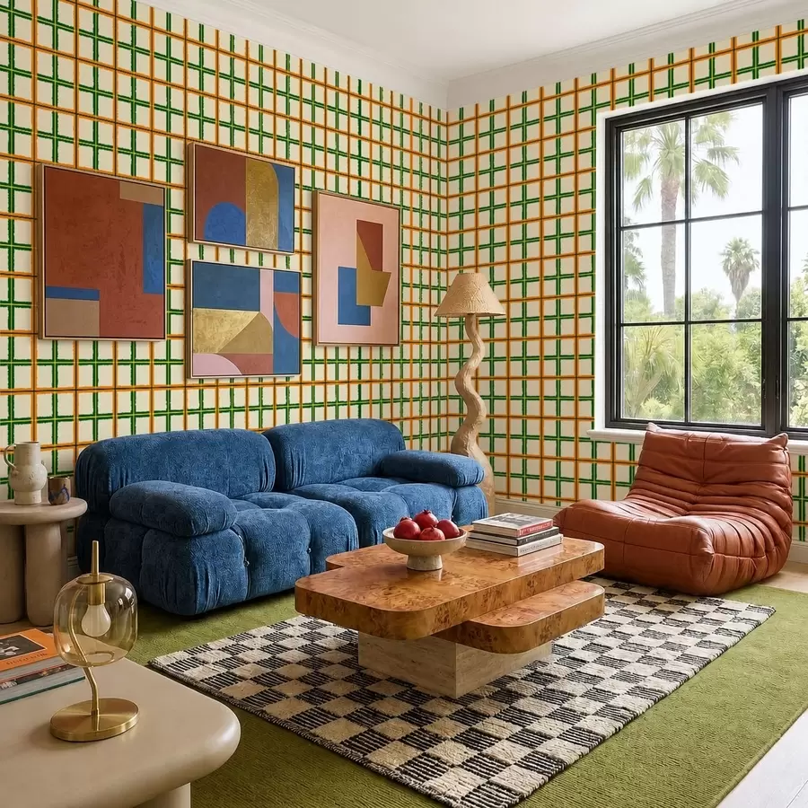 wall murals Bold check pattern with orange and green lines a01267v3