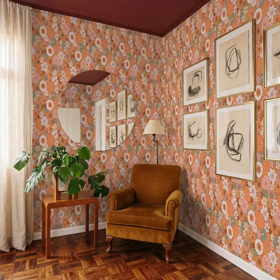 wall murals Bright floral pattern in warm orange tones a01269v1