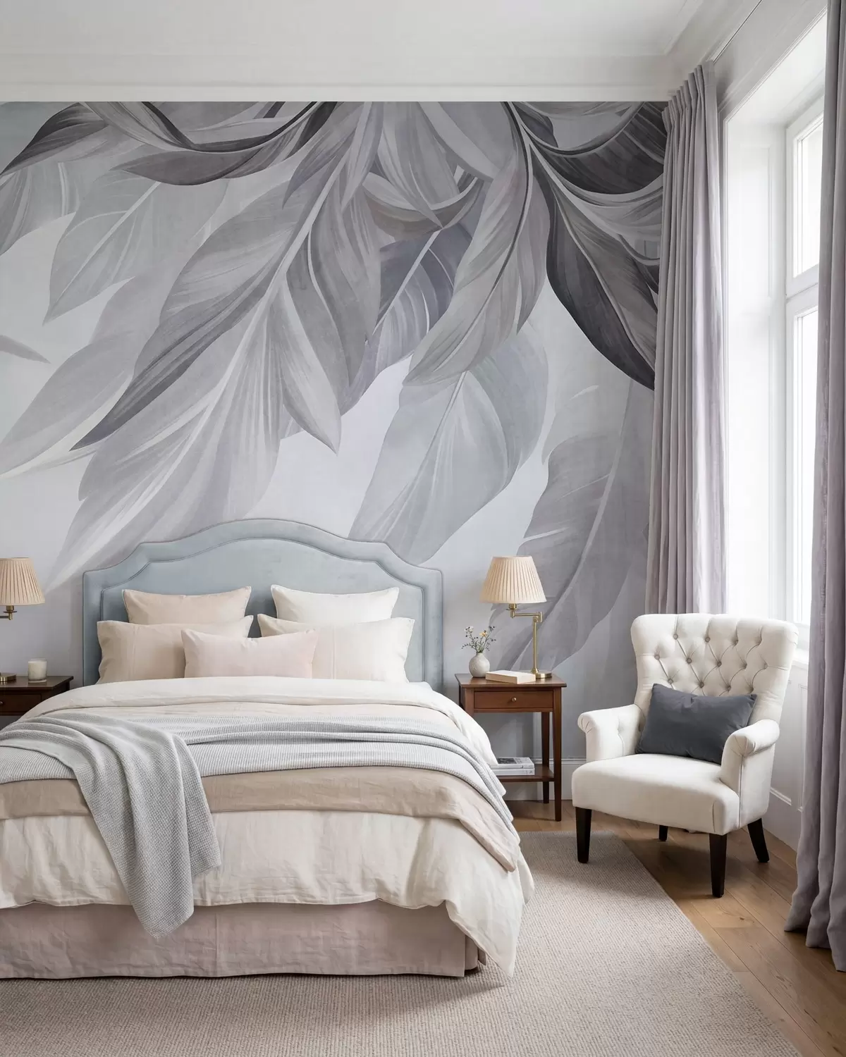 wall murals Tropical, large, muted gray and blue leaves, light, textured background w10054v1