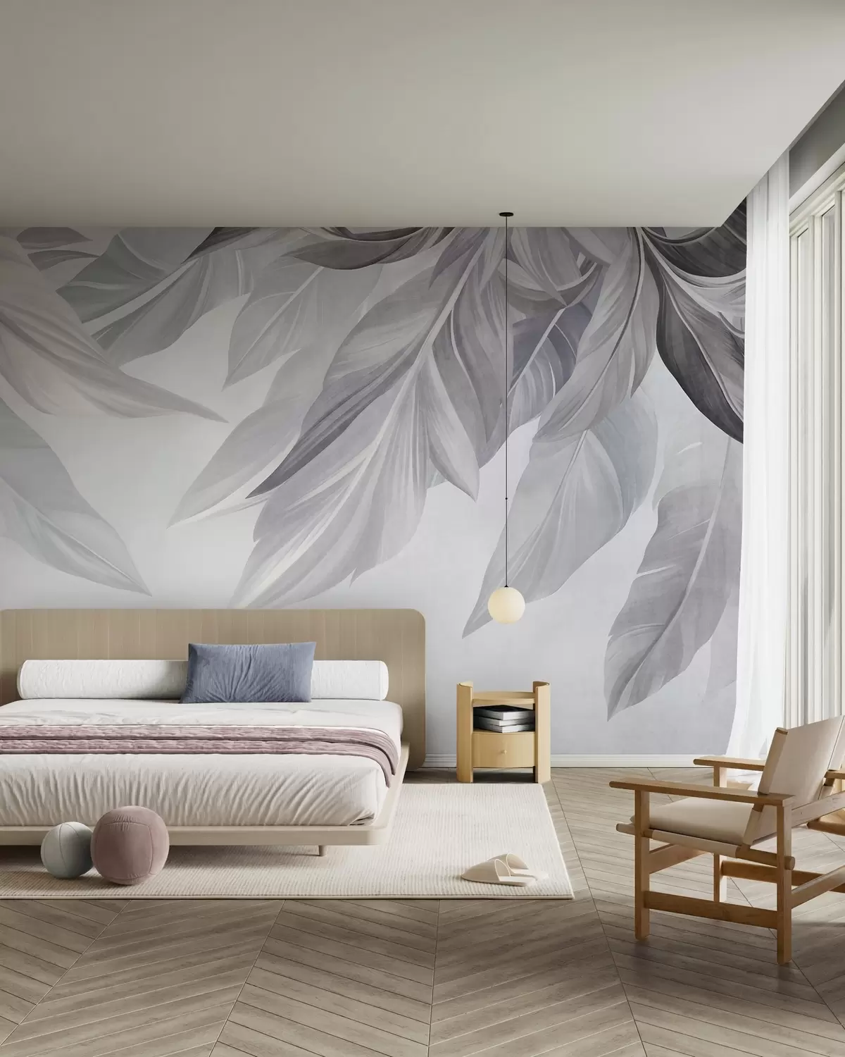 wall murals Tropical, large, muted gray and blue leaves, light, textured background w10054v1