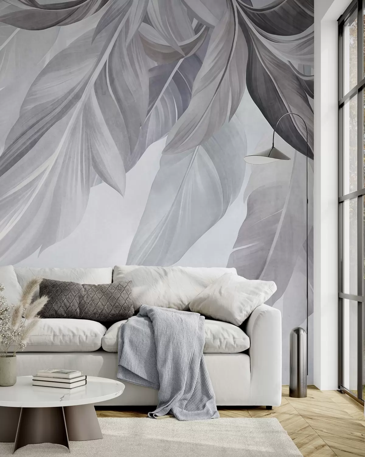 wall murals Tropical, large, muted gray and blue leaves, light, textured background w10054v1