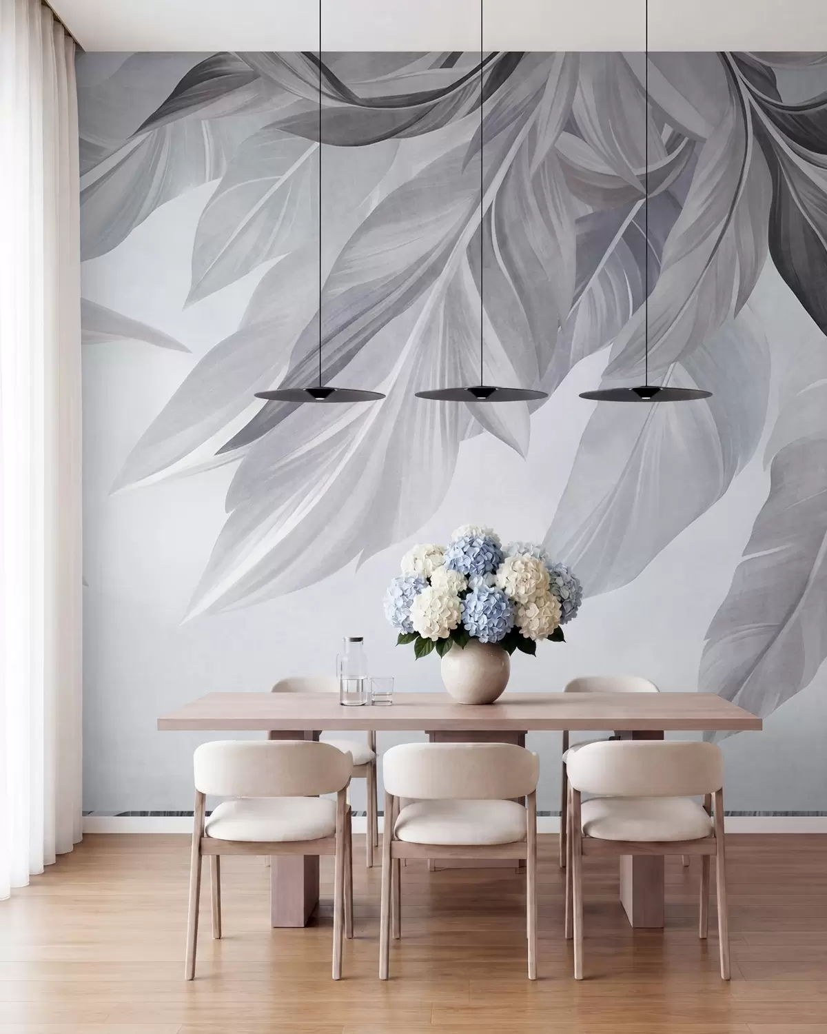 wall murals Tropical, large, muted gray and blue leaves, light, textured background w10054v1