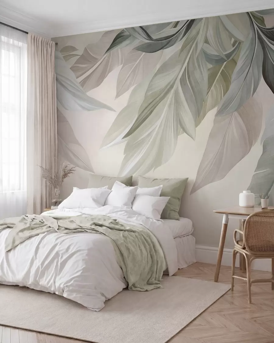 wall murals Tropical, large, muted green, beige and pink leaves, light, textured background w10054