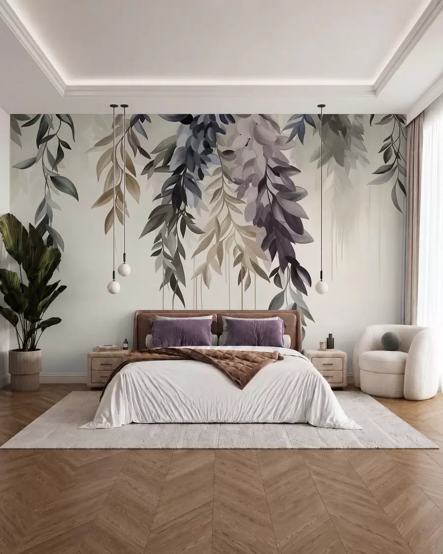 wall murals Hanging abstract leaves in shades of purple, blue and beige, with long, thin stems w10057