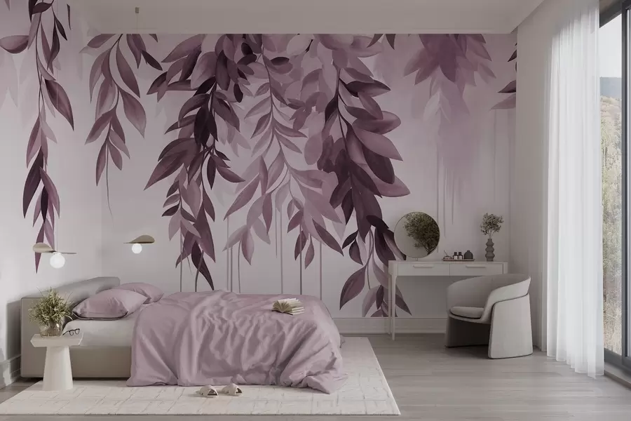 wall murals Hanging abstract leaves in shades of purple and pink, with long, thin stems w10057v1