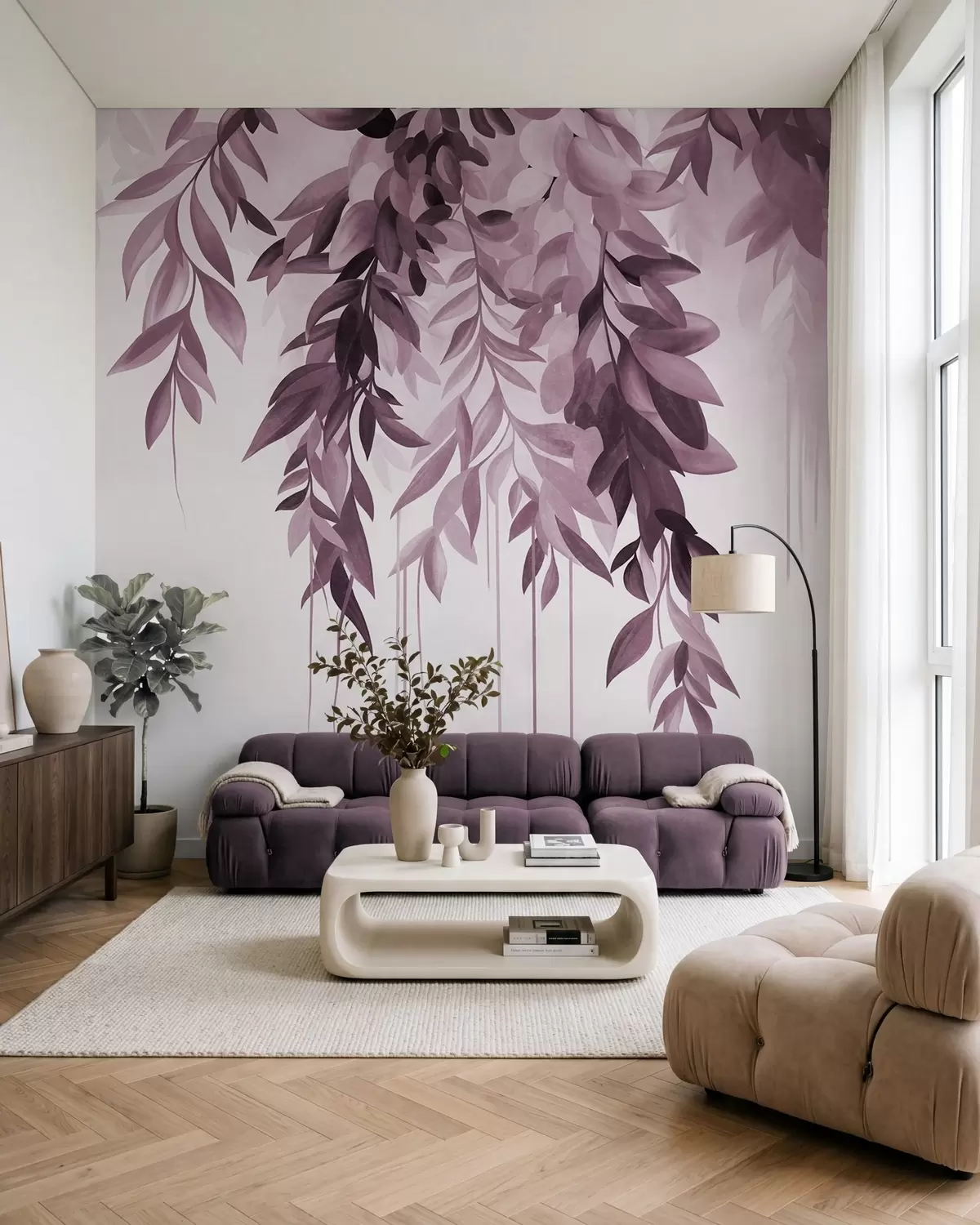 wall murals Hanging abstract leaves in shades of purple and pink, with long, thin stems w10057v1