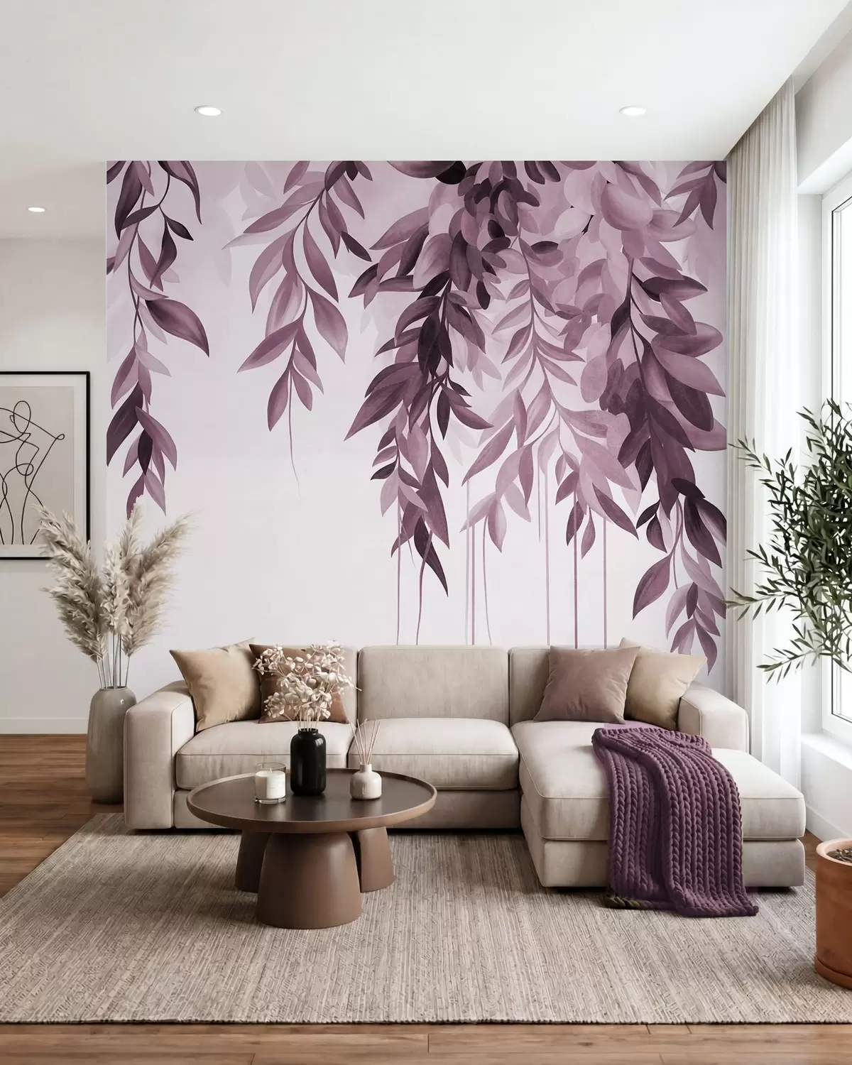 wall murals Hanging abstract leaves in shades of purple and pink, with long, thin stems w10057v1