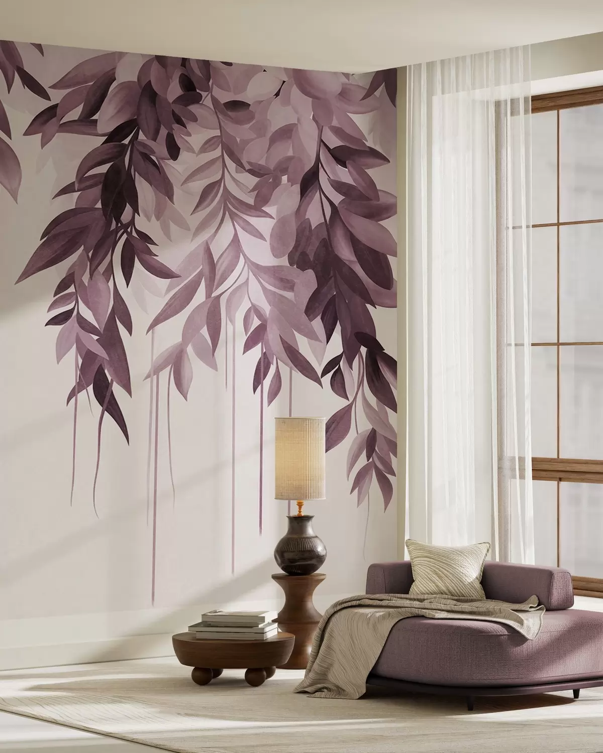 wall murals Hanging abstract leaves in shades of purple and pink, with long, thin stems w10057v1