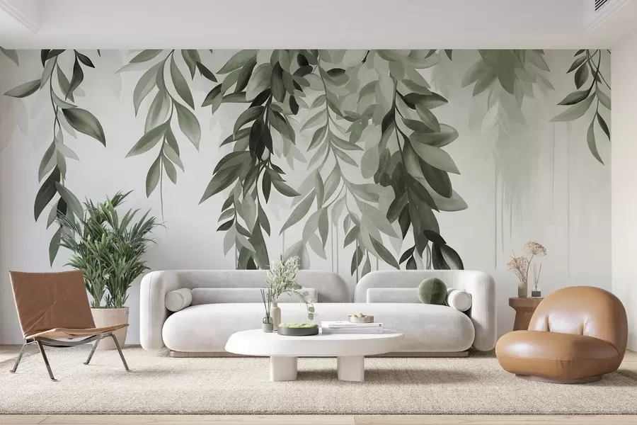 wall murals Hanging abstract leaves in shades of green, with long, thin stems w10057v2