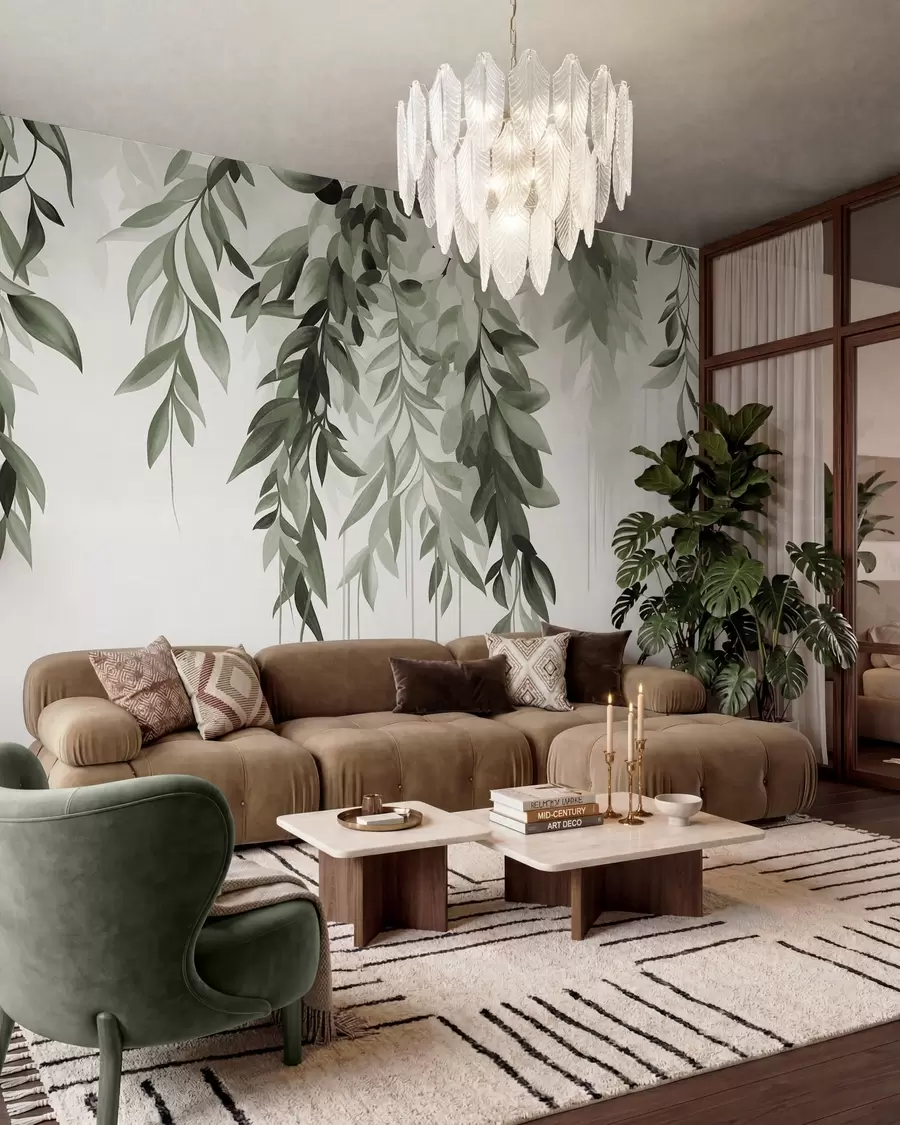 wall murals Hanging abstract leaves in shades of green, with long, thin stems w10057v2