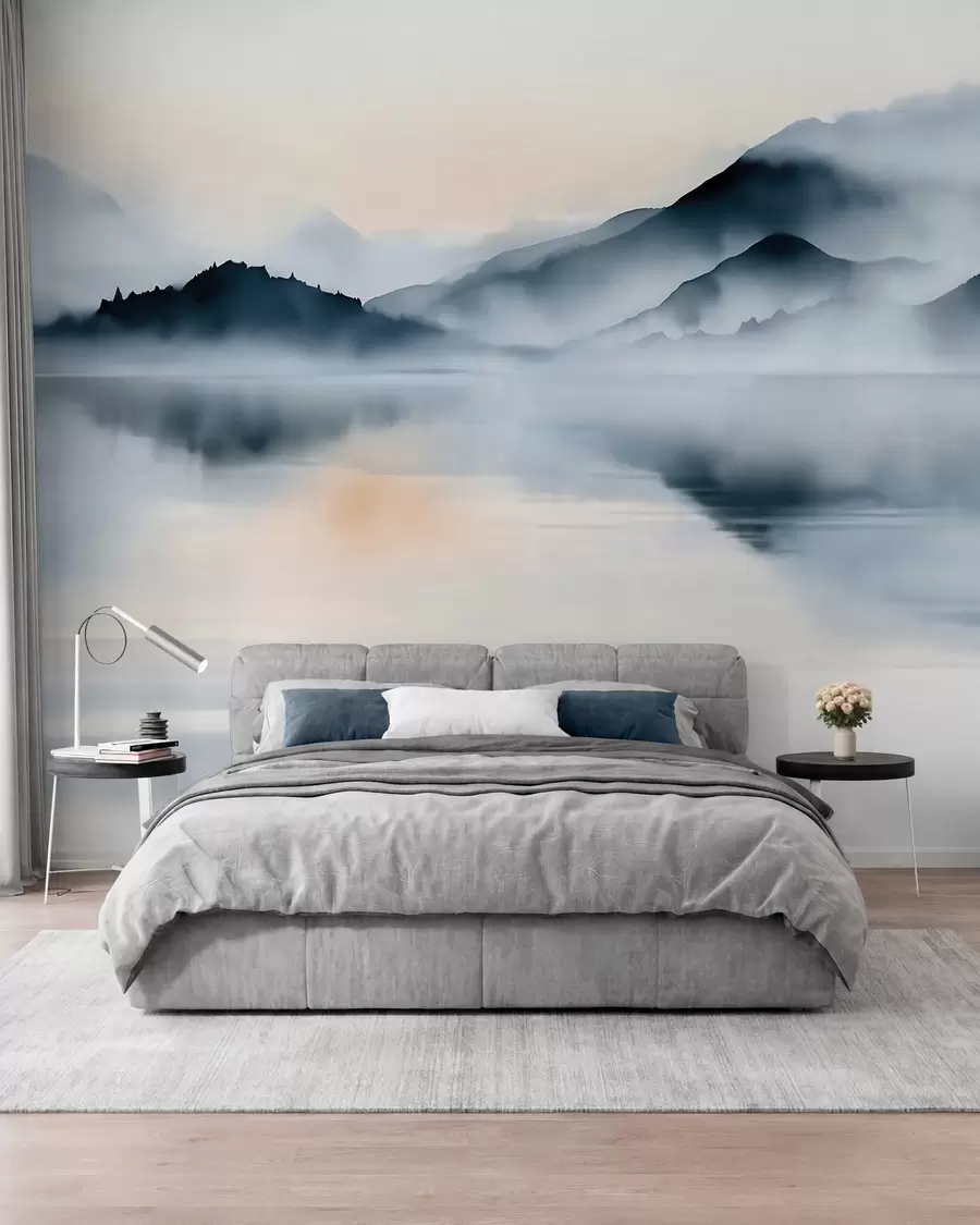 wall murals A lake set against a backdrop of misty mountains, in a watercolour style w10078