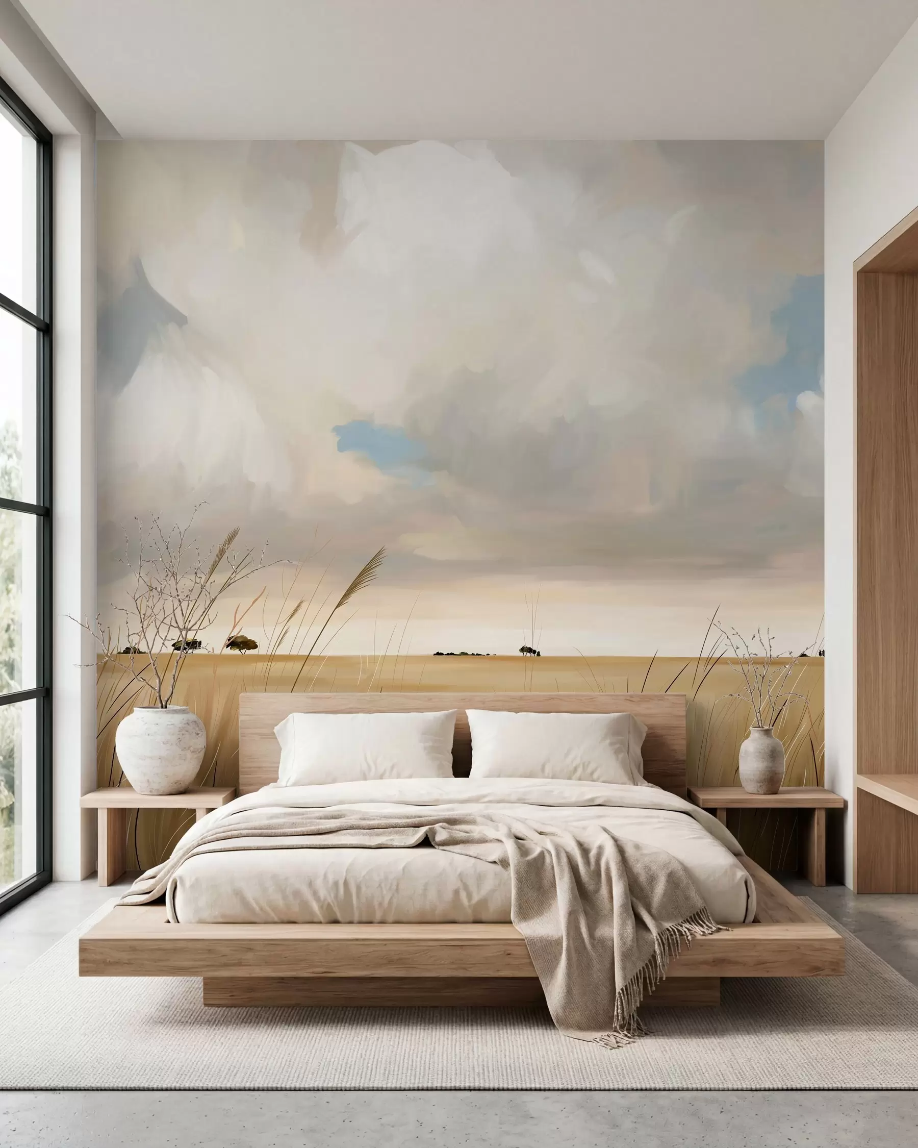 wall murals A panoramic view of a vast yellow field of grass beneath a cloudy sky w10079