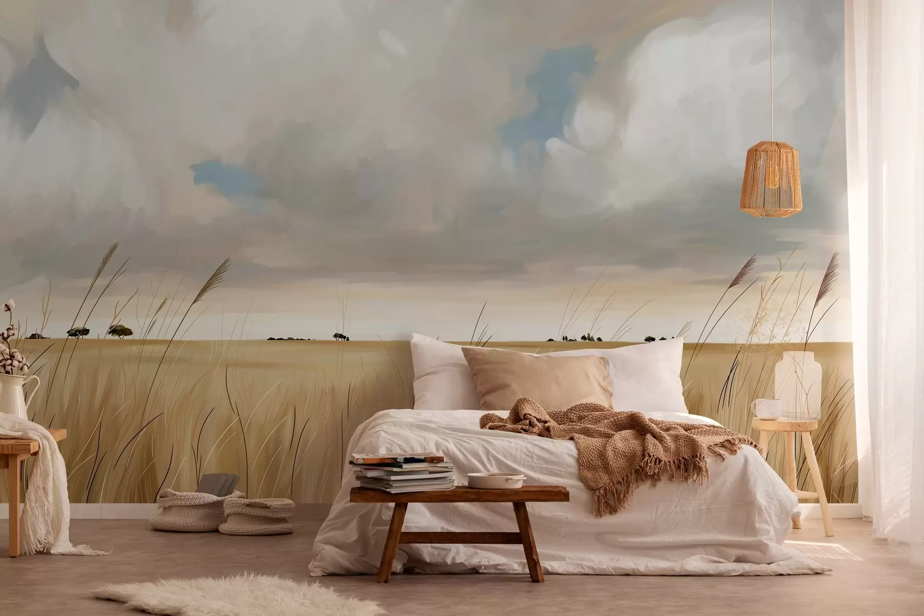 wall murals A panoramic view of a vast yellow field of grass beneath a cloudy sky w10079