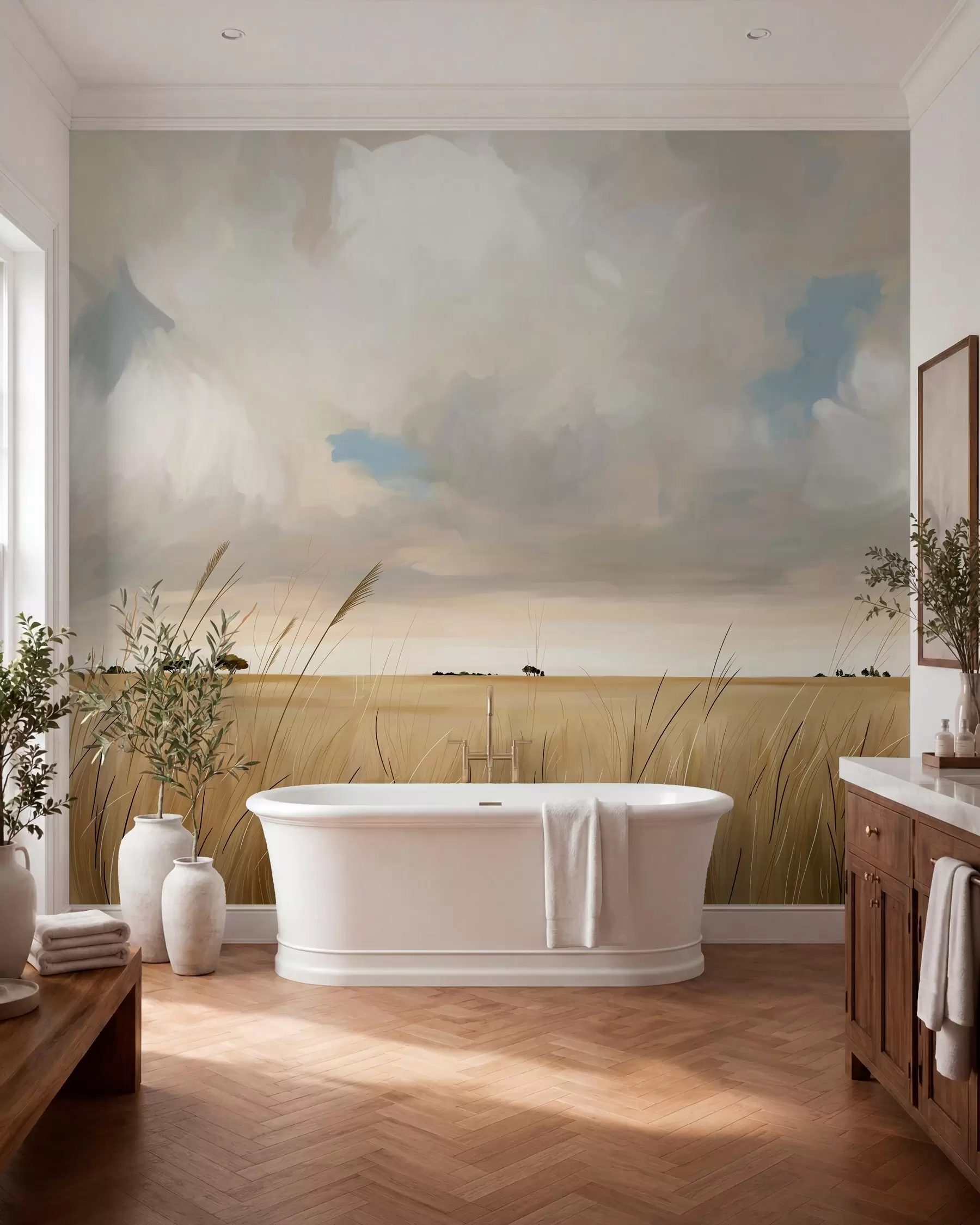 wall murals A panoramic view of a vast yellow field of grass beneath a cloudy sky w10079