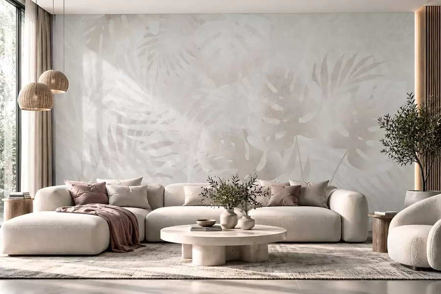 wall murals Tropical leaves with a grunge effect in powdery beige tones w10080