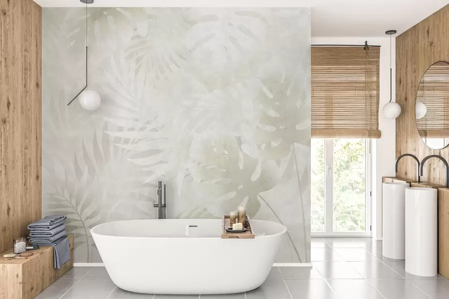 wall murals Tropical leaves with a grunge effect in neutral beige tones w10080v1