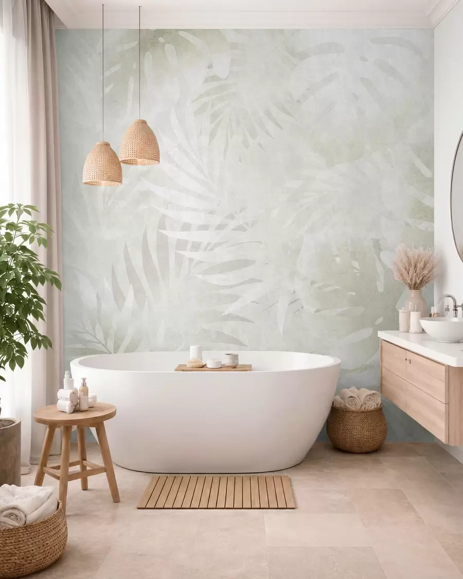 wall murals Tropical leaves with a grunge effect in neutral beige tones w10080v1