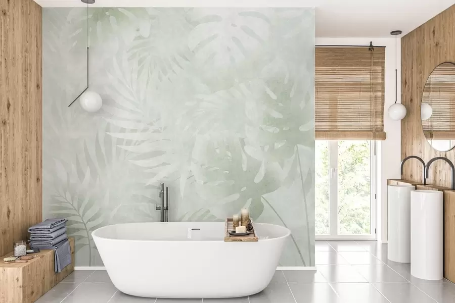 wall murals Tropical leaves with a grunge effect in shades of green w10080v2