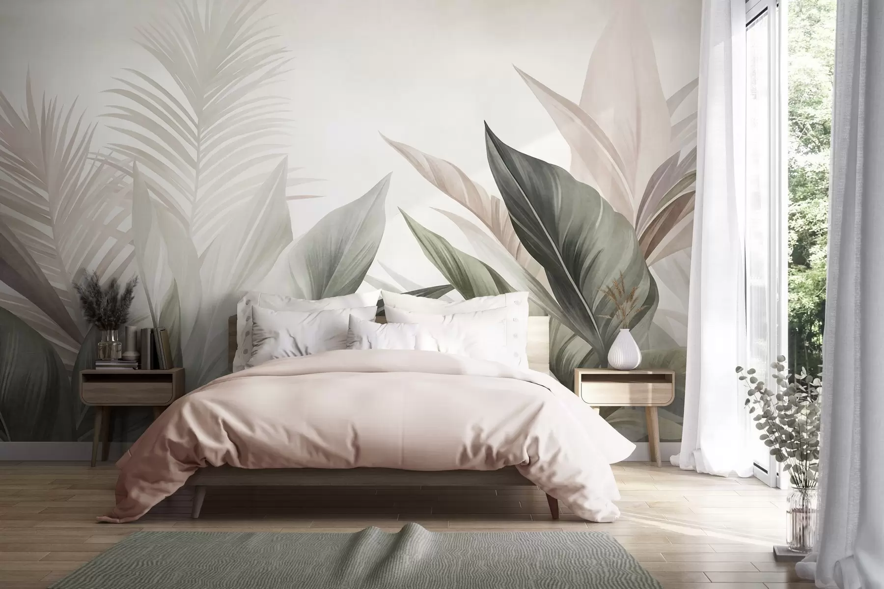 wall murals Tropical leaves in shades of green and pink, textured and large, modern art w10055