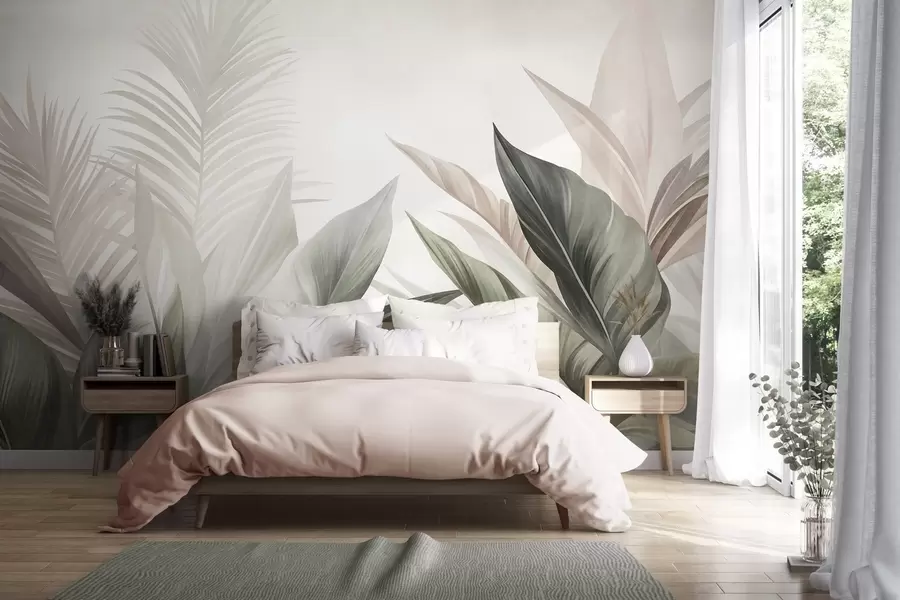 wall murals Tropical leaves in shades of green and pink, textured and large, modern art w10055