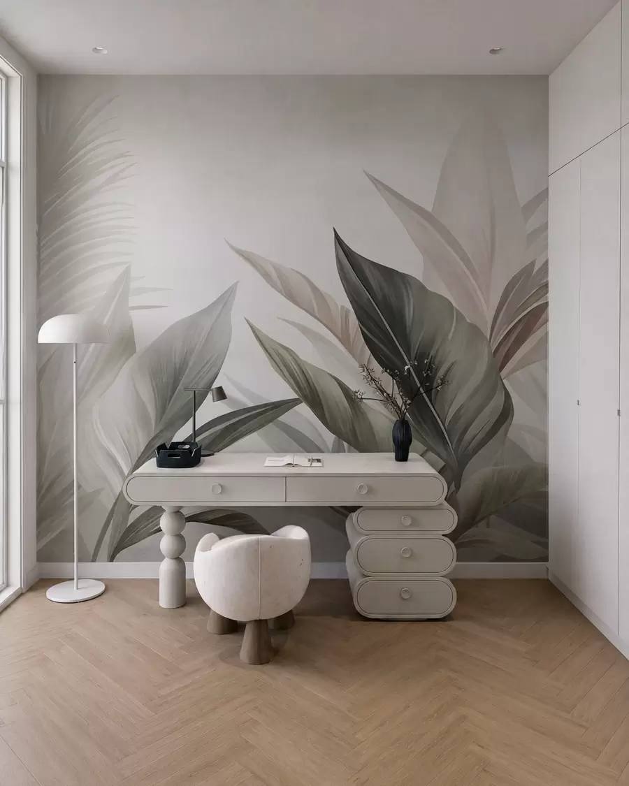 wall murals Tropical leaves in shades of green and pink, textured and large, modern art w10055
