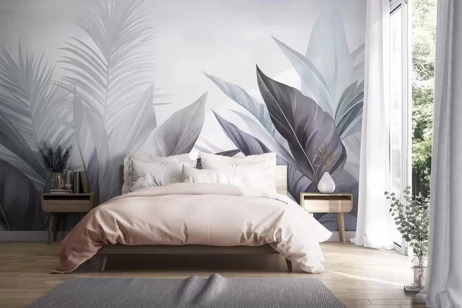 wall murals Tropical leaves in shades of blue and gray, textured and large, modern art w10055v1