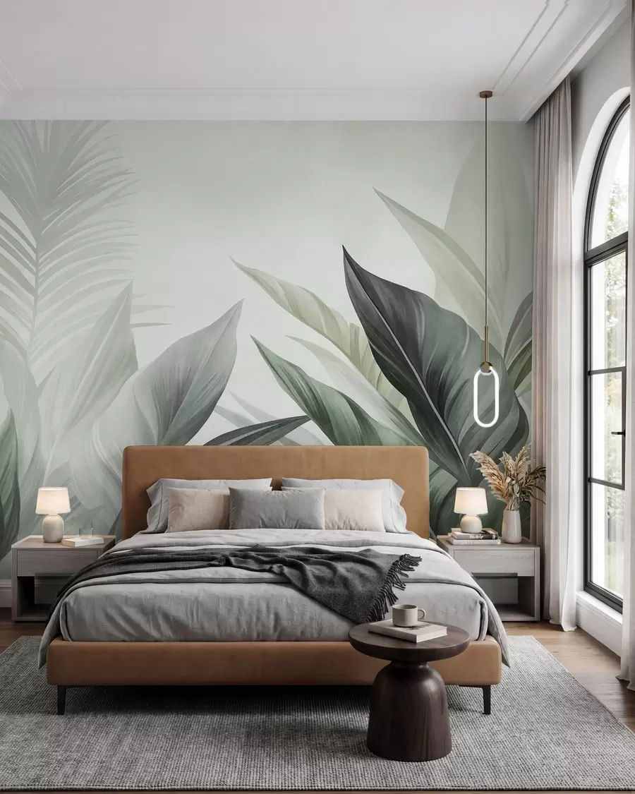 wall murals Tropical leaves in shades of green, textured and large, modern art w10055v2