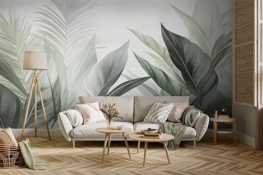 wall murals Tropical leaves in shades of green, textured and large, modern art w10055v2