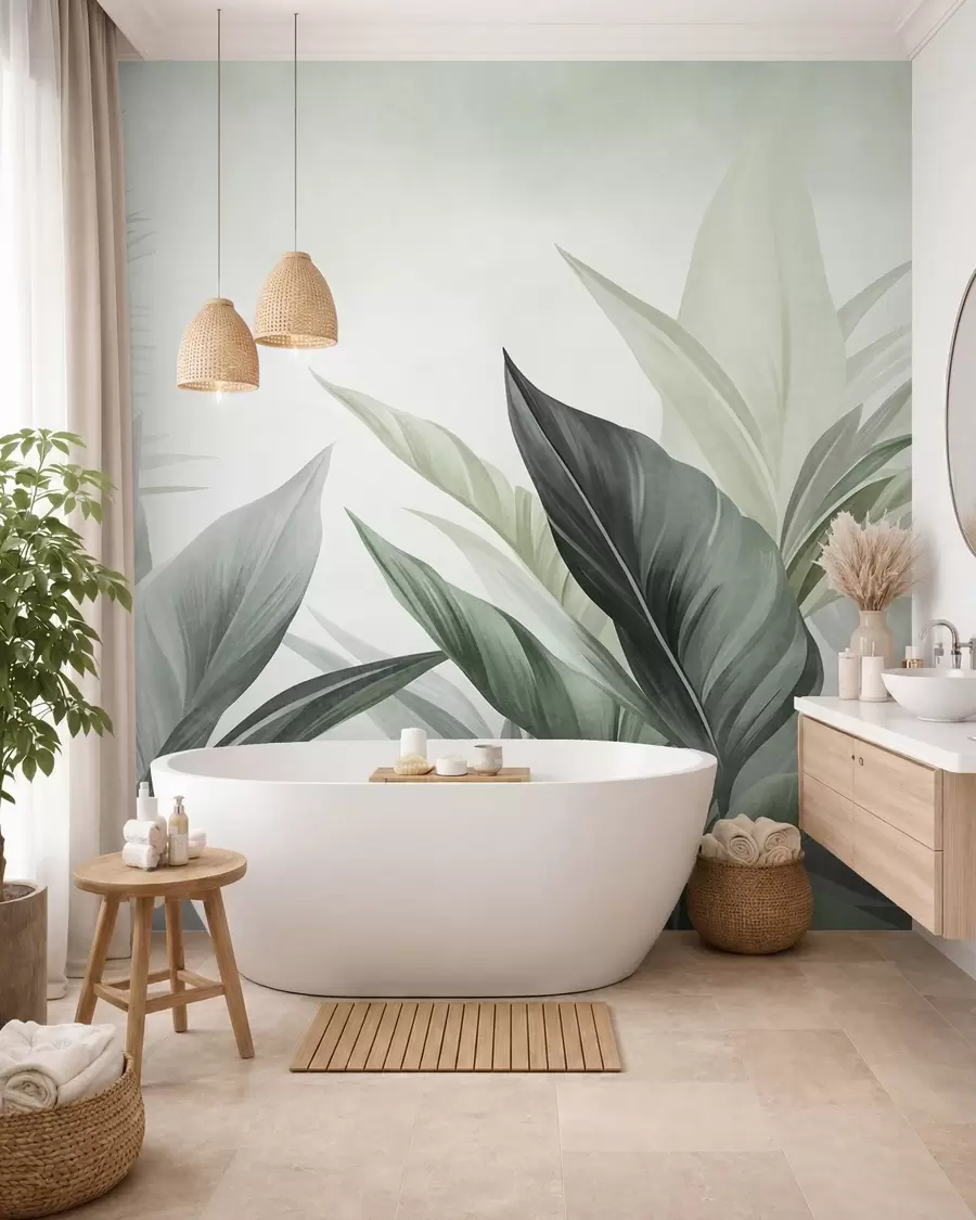 wall murals Tropical leaves in shades of green, textured and large, modern art w10055v2