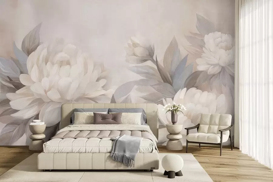 wall murals Textured peonies with muted leaves, soft pastel background w10061