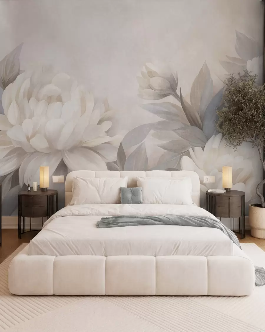 wall murals Textured peonies with muted leaves, soft pastel background w10061