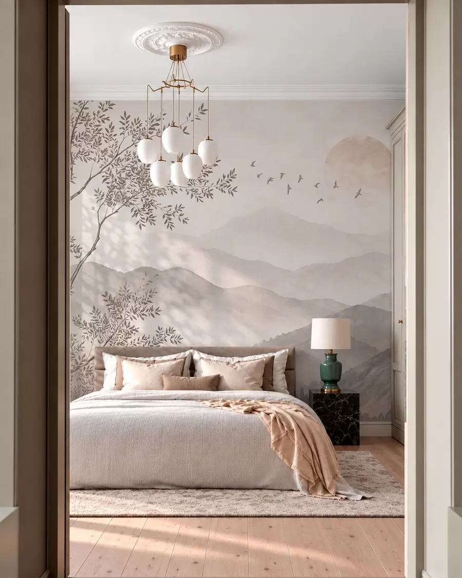 wall murals Misty mountains with a tree, birds and sun w05924v1