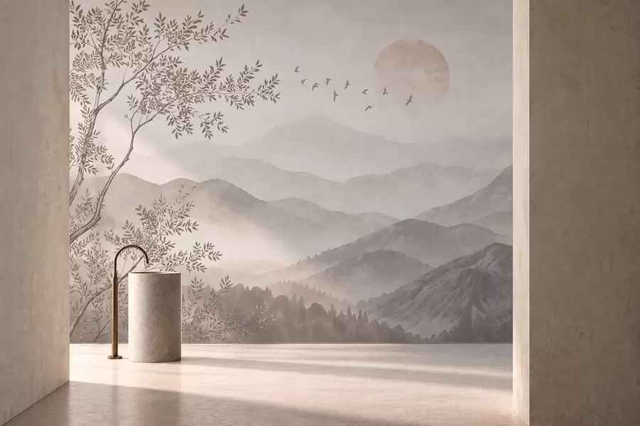wall murals Misty mountains with a tree, birds and sun w05924v1