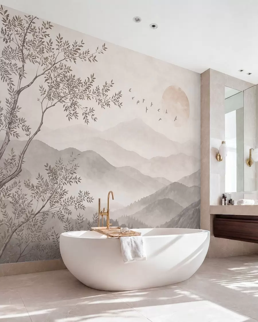 wall murals Misty mountains with a tree, birds and sun w05924v1