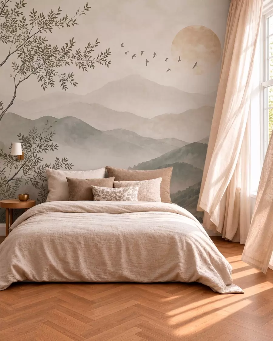 wall murals Mountain landscape with a tree, birds and sun w05924