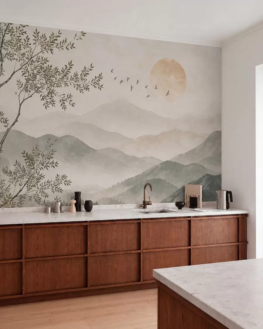 wall murals Mountain landscape with a tree, birds and sun w05924