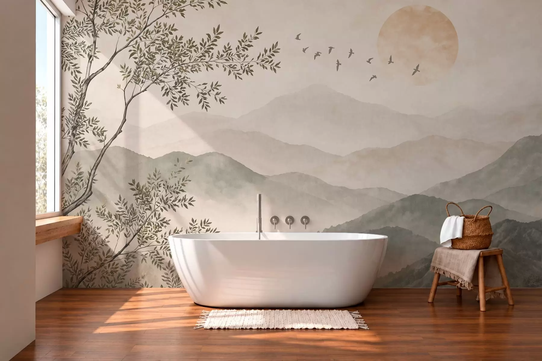 wall murals Mountain landscape with a tree, birds and sun w05924