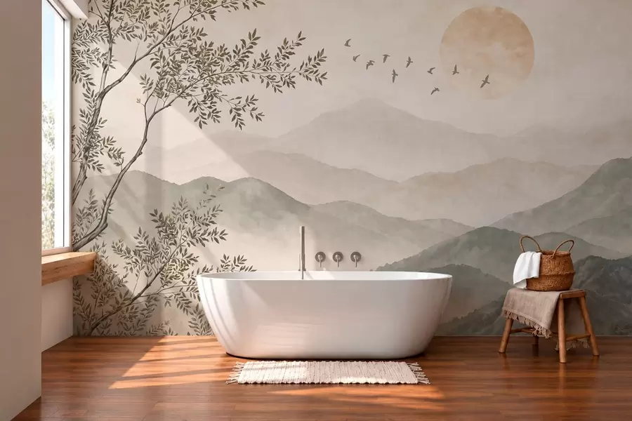 wall murals Mountain landscape with a tree, birds and sun w05924