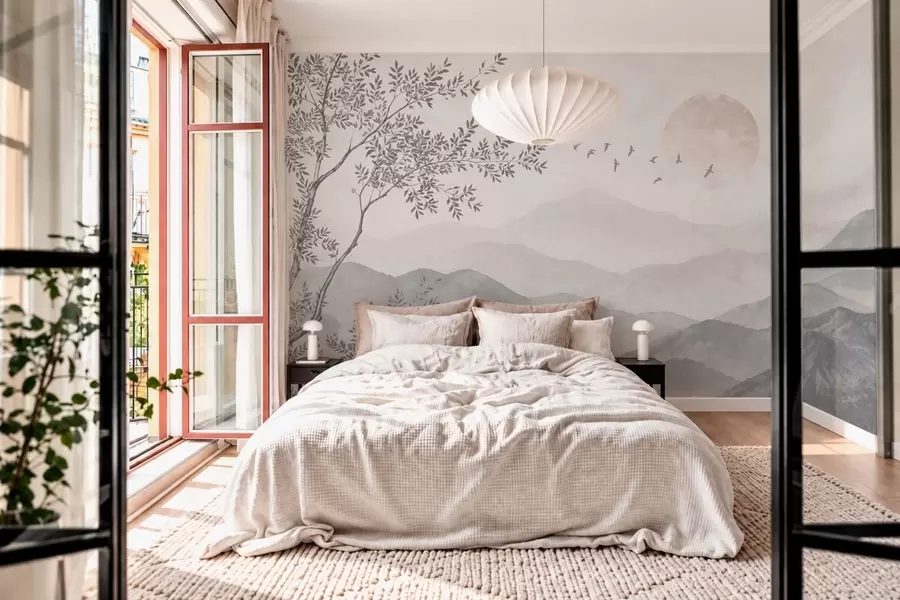 wall murals Pale mountain scenery with a tree and birds w05924v2